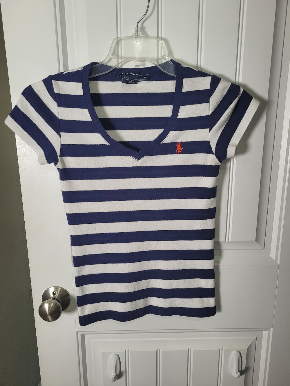 Ralph Lauren Women's Navy & White Striped V-Neck Polo Tee with Red Logo. Size M